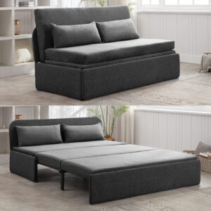 puremind queen size pull out sofa bed, linen convertible sleeper sofa with foldable mattress, loveseat pullout couch bed with 2 cushion for small place, apartment, office - dark gray