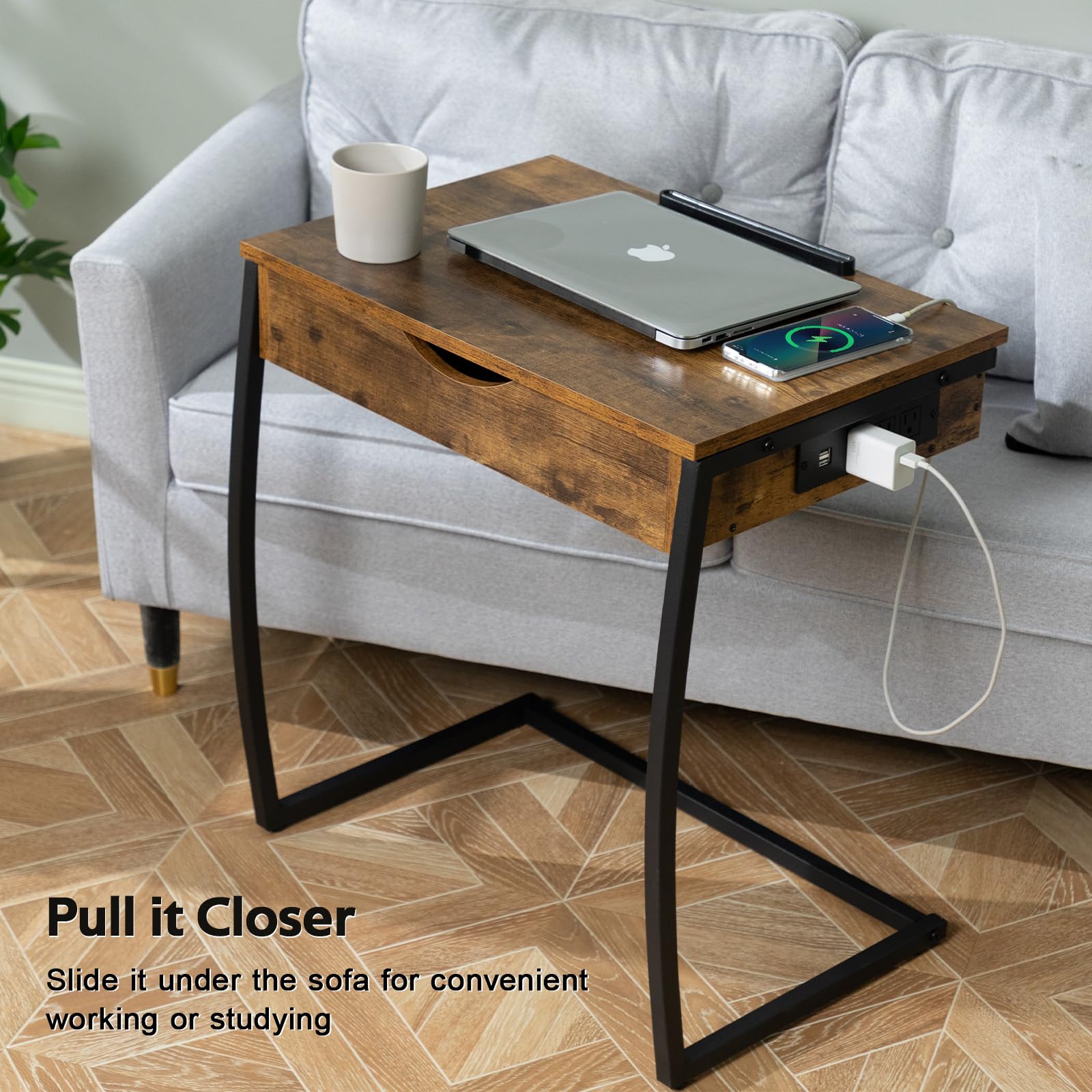 Hadulcet C Table End Table with Charging Station, TV Tray Table, Couch Tables That Slide Under, C Shaped Side Table with Storage, Laptop Stand for Couch, Small Table Couch Desk for Small Spaces