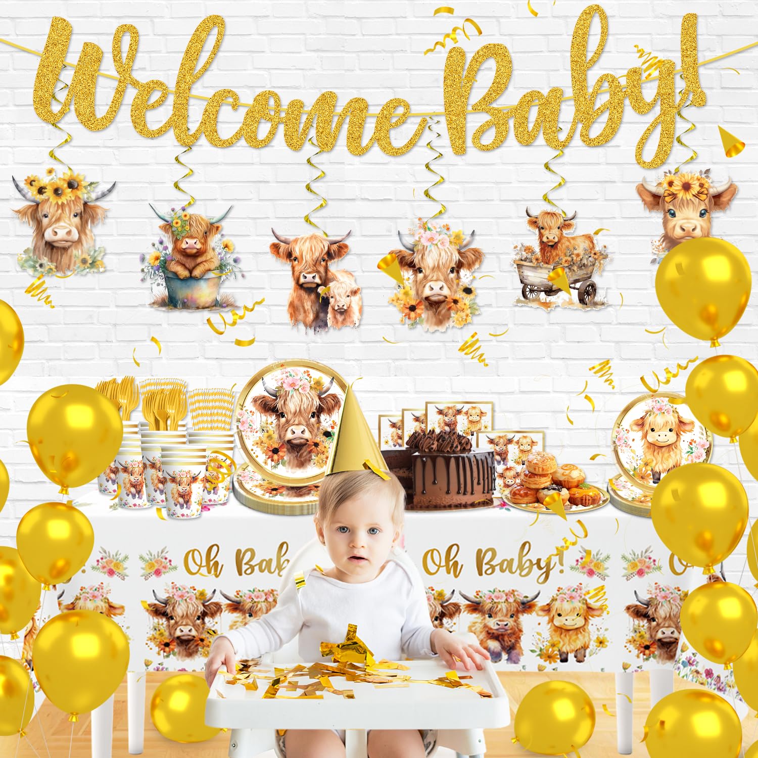 Yingoto 148pcs Brown Cow Baby Shower Decorations Tableware Set for 20 Guests, Cowboy Cowgirl Baby Shower includes Brown Cow glitter Banner Hanging Swirls Plates Napkins Cup Fork Straw and Tablecloth