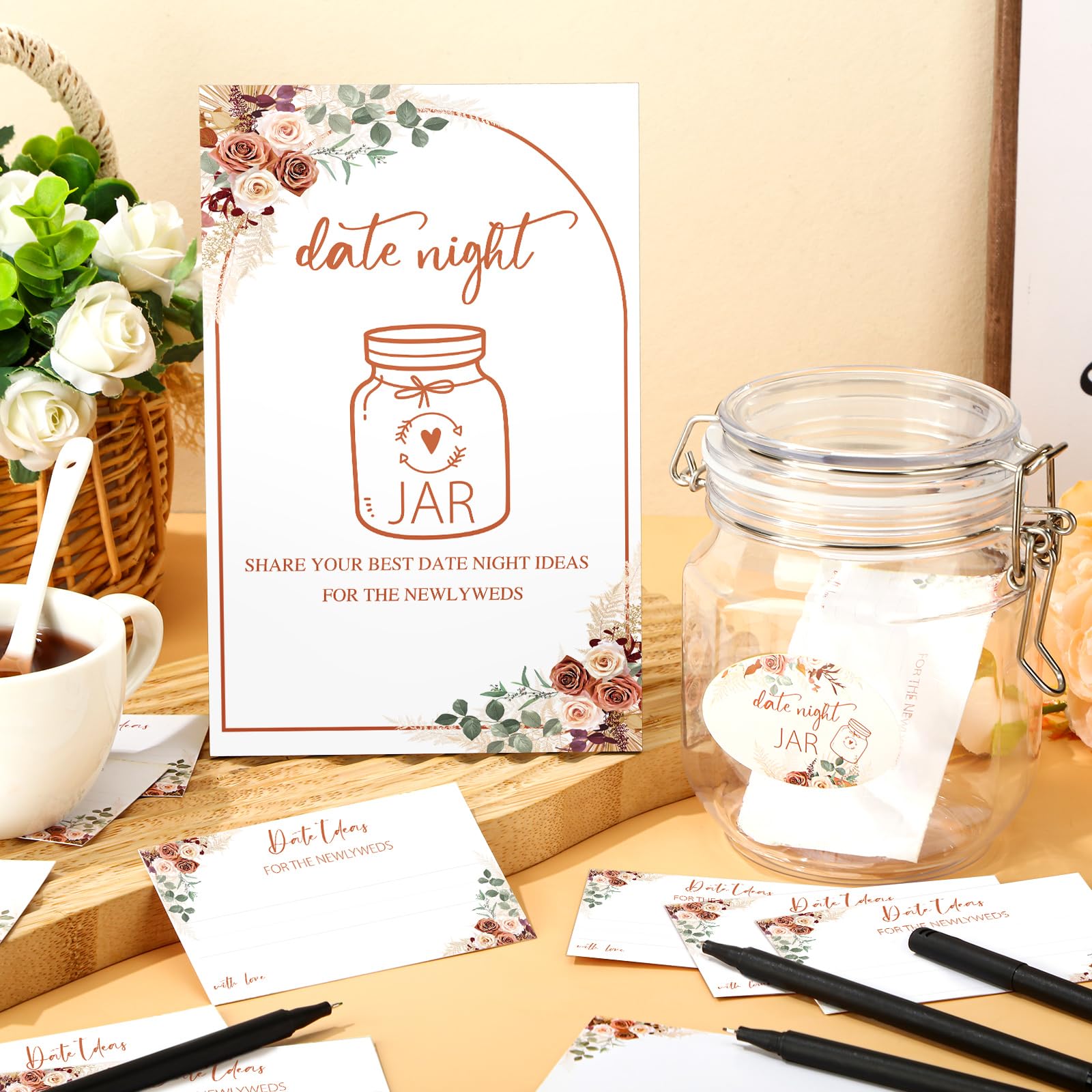 DoubleFill 76 Pcs Bridal Shower Decor Including Date Night Game for The Newlyweds Wedding Date Night Game Sign with Holder 60 Cards 12 Pens 2 Stickers Wedding Wish Jar for Guest Party (Boho Style)