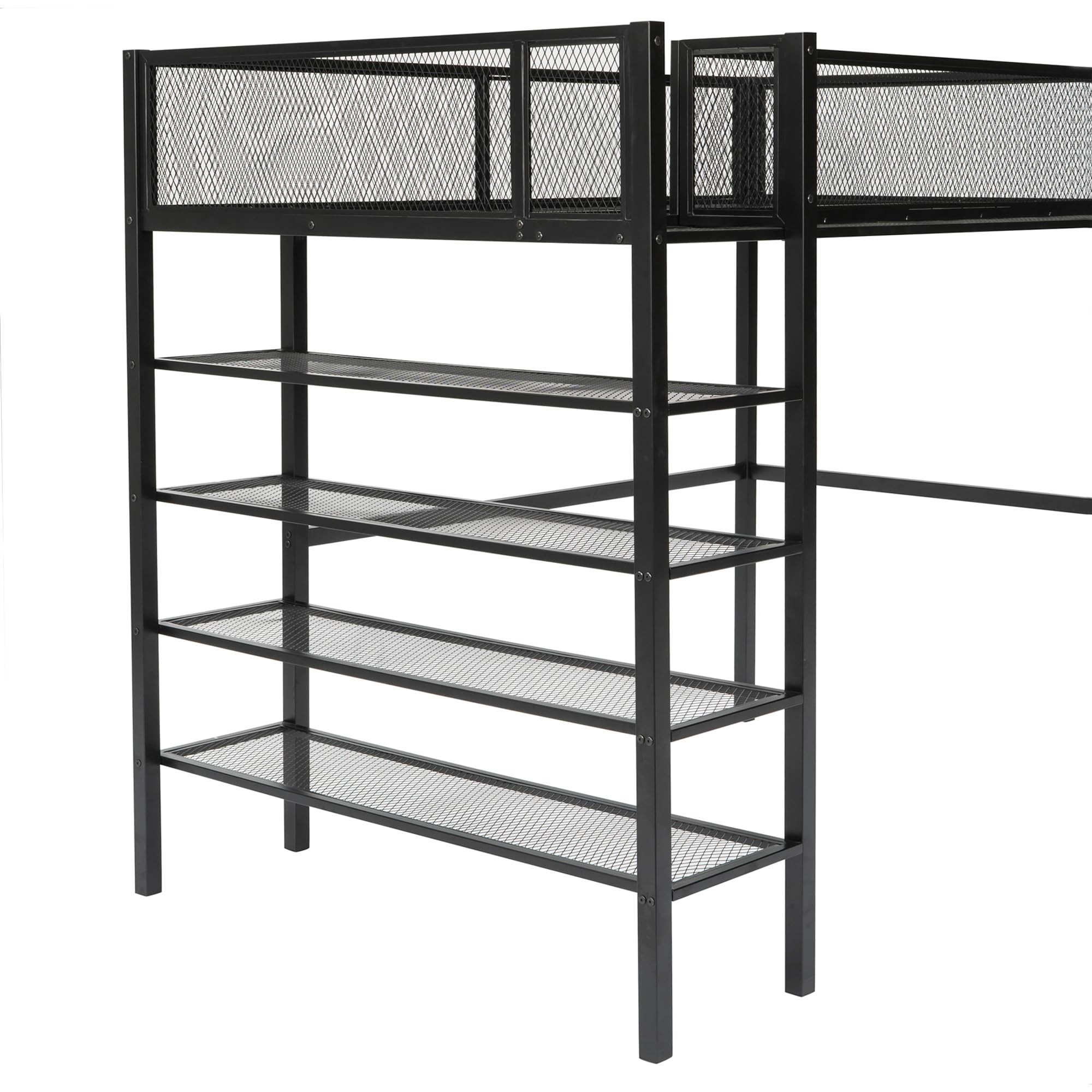 Bellemave Twin Size Metal Loft Bed with 4-Tier Shelves and Storage, Loft Bed with Bookshelf (Black)