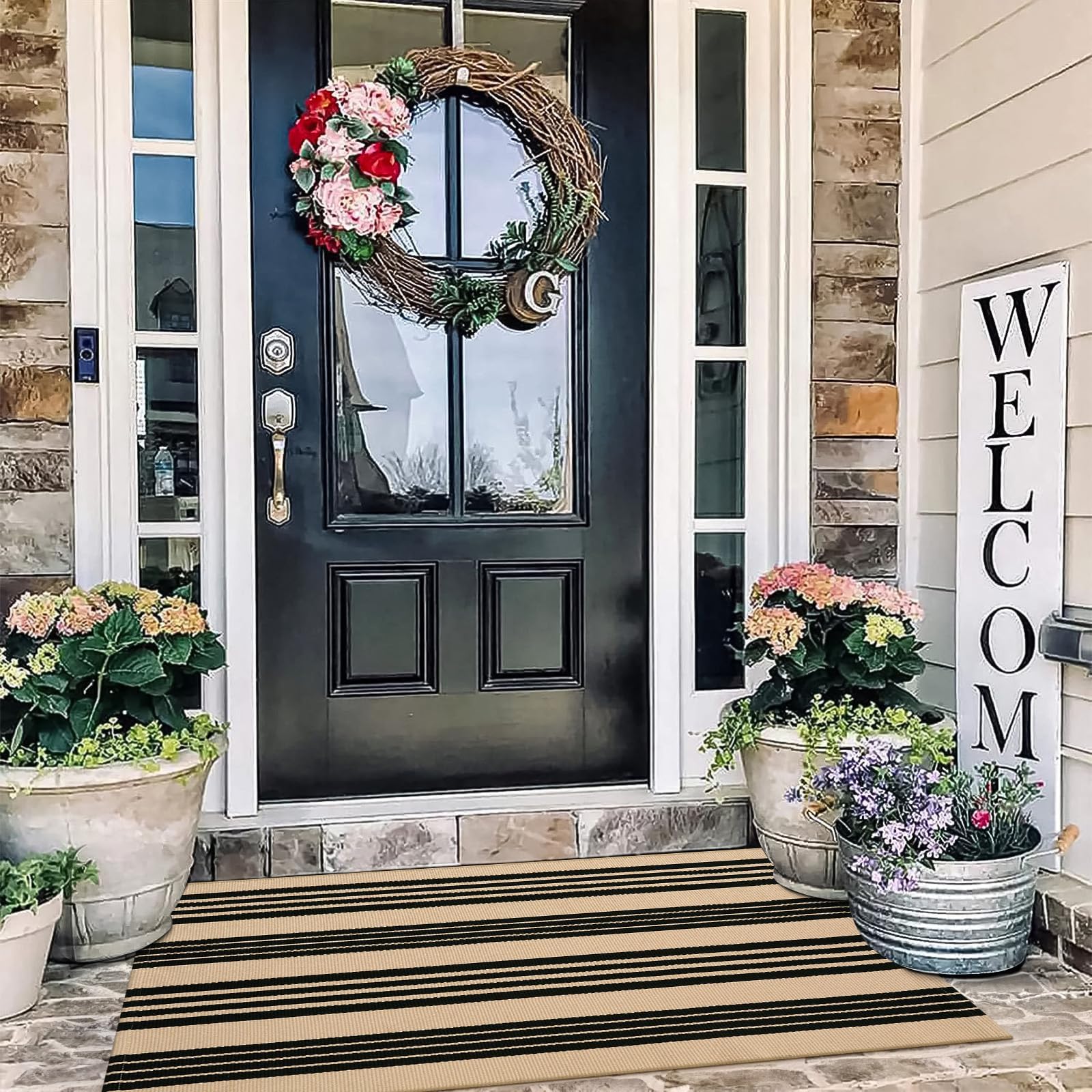 LEEVAN Outdoor Door Mat 2.3'x3.6', Washable Entryway Rug Reversible Indoor Outdoor Entrance Mat, Low Profile Black and Tan Striped Rug, Cotton Woven Porch Mat Non-Shedding Kitchen Foyer Rug