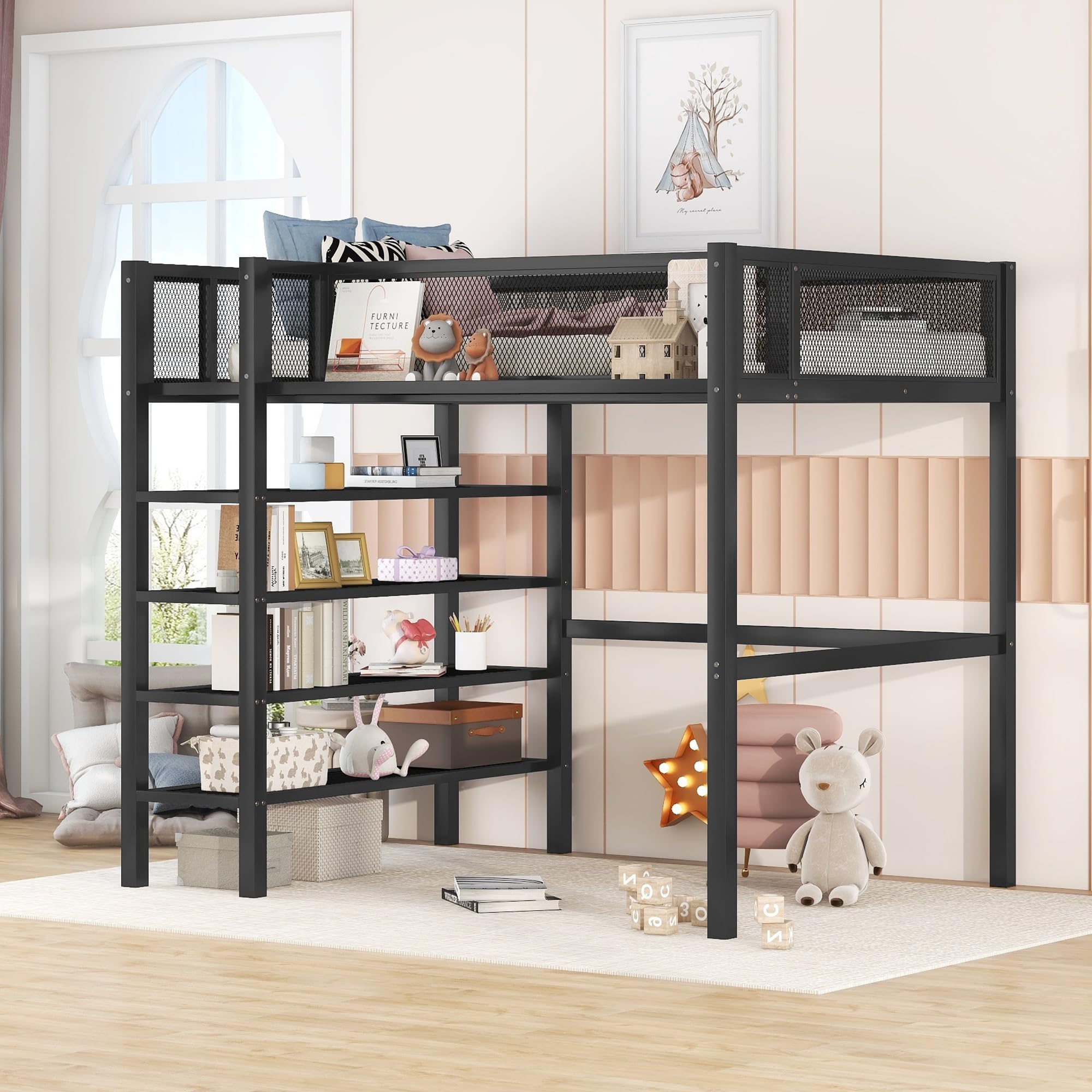 Bellemave Twin Size Metal Loft Bed with 4-Tier Shelves and Storage, Loft Bed with Bookshelf (Black)