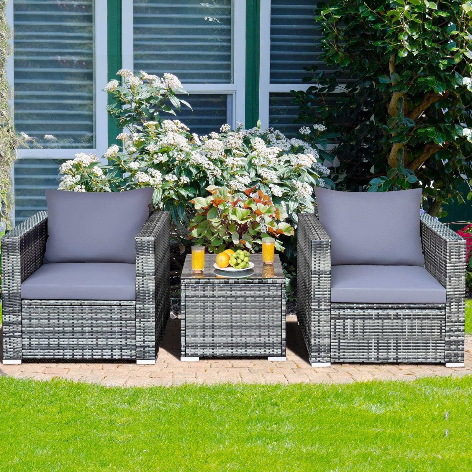 HAPPYGRILL 3 Pieces Patio Conversation Set, Outdoor Rattan Wicker Sofa Set with Coffee Table, Patio Furniture Set with Soft Cushions for Balcony Porch Backyard Garden