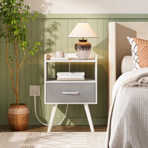 Huuger Night Stand with Charger Station, White Nightstand with Drawer and Open Shelf, Bedside Table, End Table with Solid Wood Feet, Side Table for Bedroom