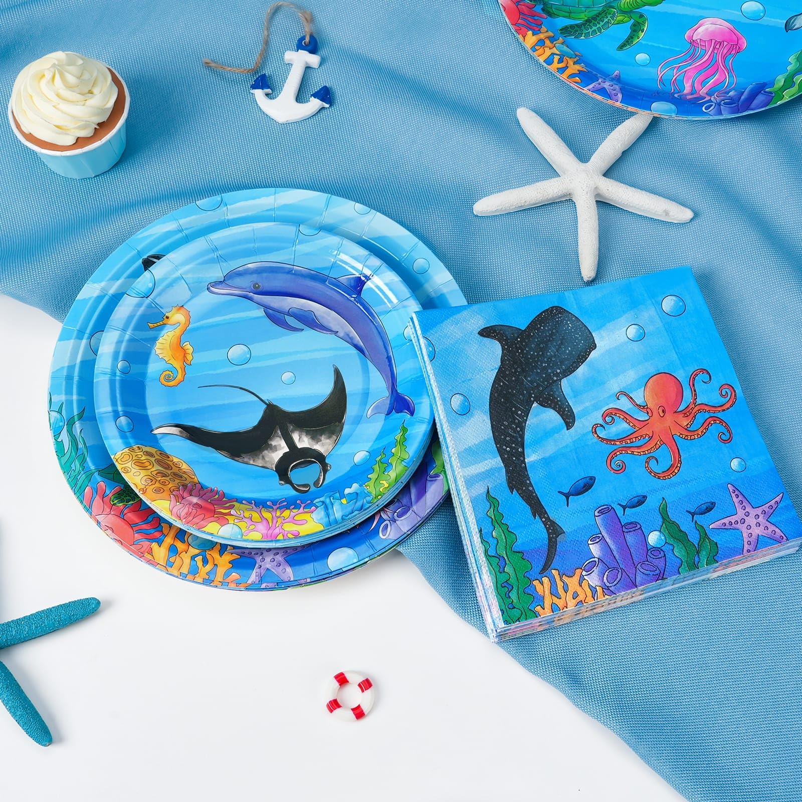 WERNNSAI Ocean Party Plates and Napkins Set - 48 Pcs Ocean Theme Party Decorations for Boys Kids Under the Sea Party Tableware Set for 16 Guests Sea Animal Underwater Birthday Baby Shower Party