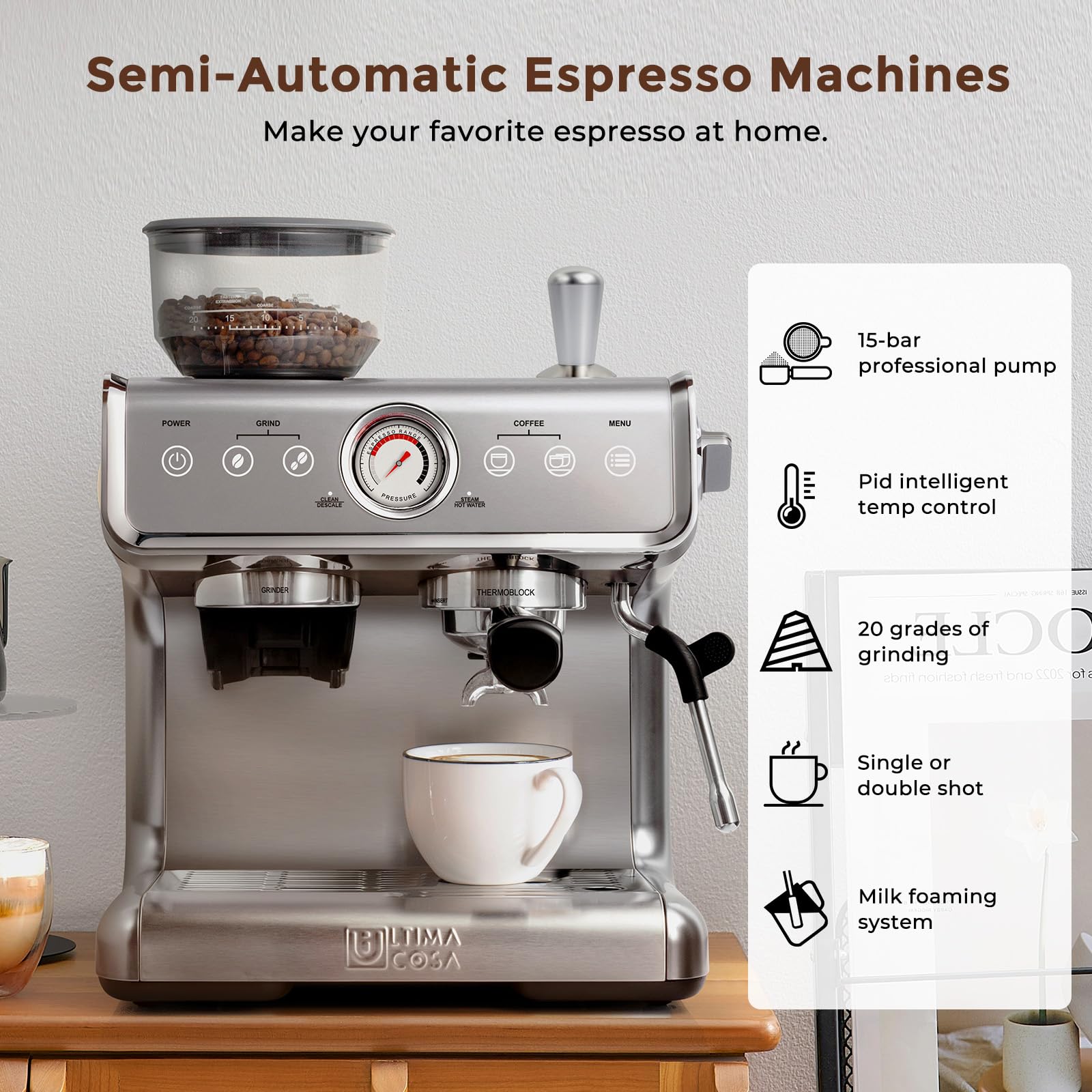 Senrob 15 Bar Semi-Automatic Espresso Machines For Home Barista PID Intelligent Temp Control Espresso Machine With Grinder Cappuccino Machine With Milk Frother