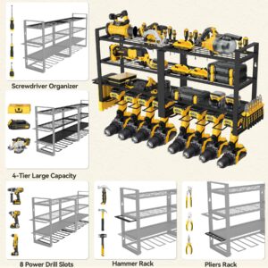 jsyonii Power Tool Organizer,8 Drill Holder Wall Mount,4 Layers Wall Mount Garage Organizers,Floating Cordless Metal Heavy Duty Tool Organizers Utility Rack with Screwdriver Pliers Hammer Holder