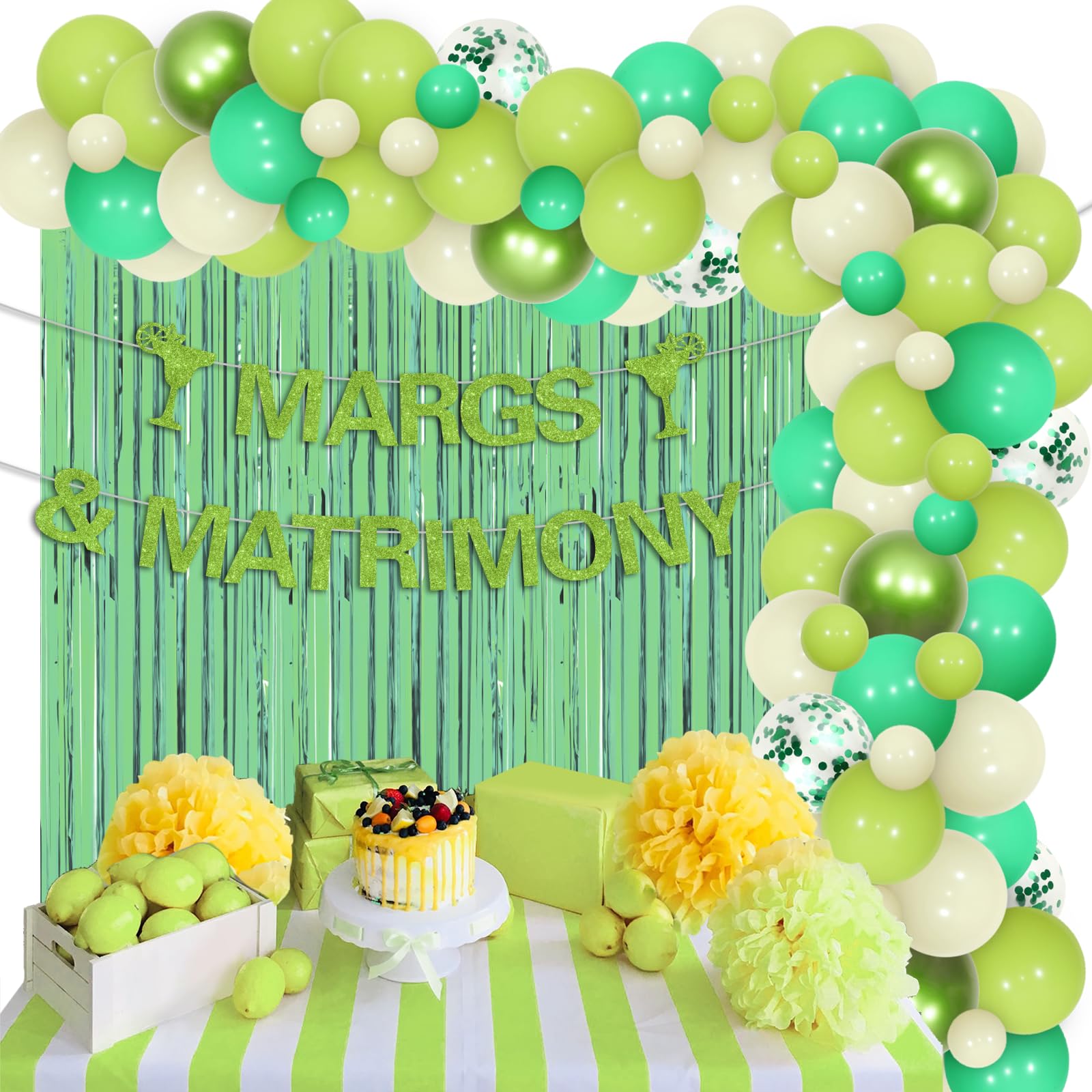 Balterever Margs and Matrimony Bachelorette Decorations Green with Margs and Matrimony Banner Green Rain Curtain the Bride Sash Margarita Bachelorette Party Decorations for Wedding Bridal Shower Party