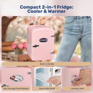 YSSOA Mini Fridge with Observation 4-Liter Six 12 oz Cans Portable Warmer & Cooler Compact Refrigerator, 100% Eco Friendly and Freon-Free, 4L with window, Pink