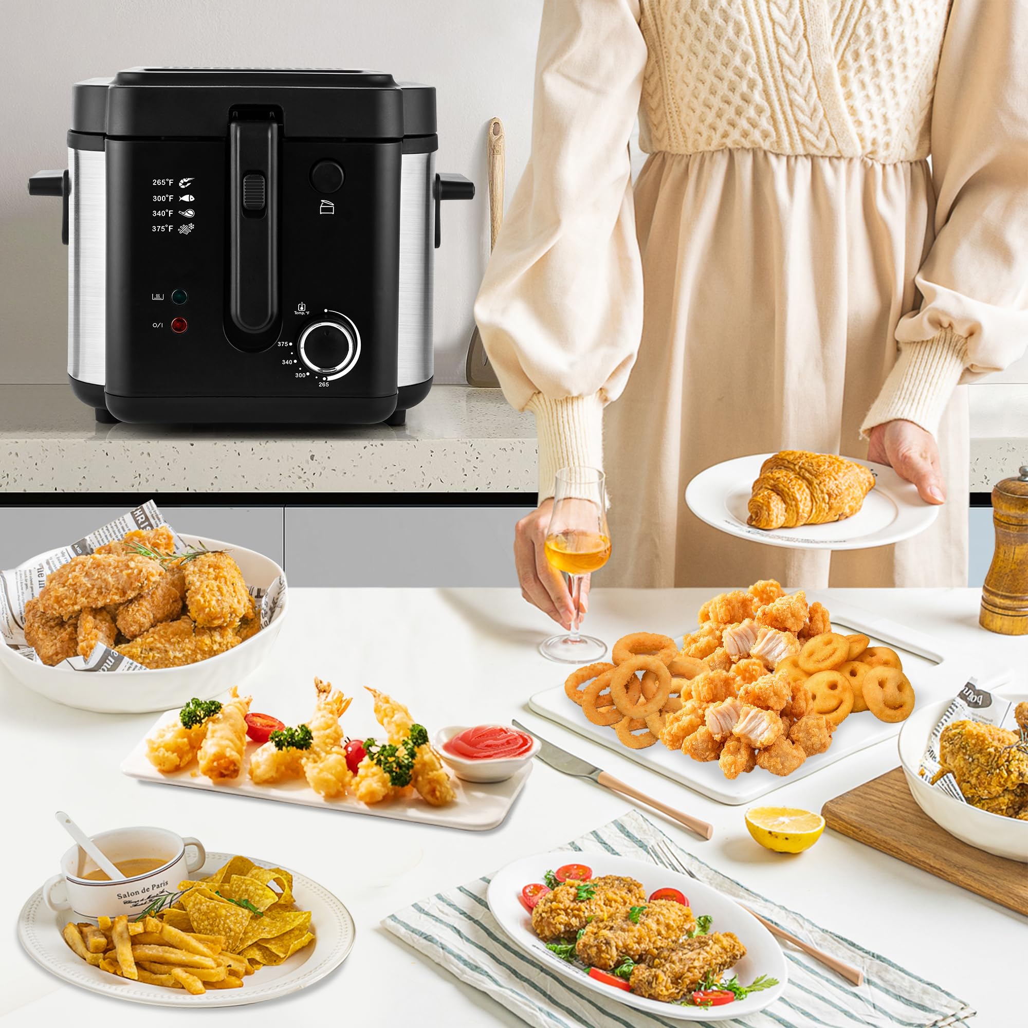 SUSTEAS Deep Fryer with Basket, 1500W Electric Deep Fryers for Home Use with Temperature Control, Removable Lid and 2.5L Non-Stick Inner Pot Easy to Clean