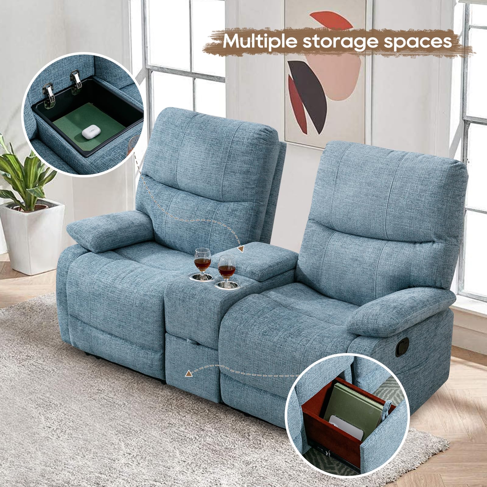 PALLOME Loveseat Recliner Sofa, Reclining Couch, Manual Recliner Loveseat with Console, Double Recliner RV Sofa with Cup Holders and Side Pocket for Living Room/Office/Apartment (Fabric-Blue)