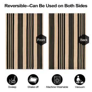 LEEVAN Outdoor Door Mat 2.3'x3.6', Washable Entryway Rug Reversible Indoor Outdoor Entrance Mat, Low Profile Black and Tan Striped Rug, Cotton Woven Porch Mat Non-Shedding Kitchen Foyer Rug