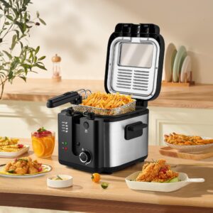 SUSTEAS Deep Fryer with Basket, 1500W Electric Deep Fryers for Home Use with Temperature Control, Removable Lid and 2.5L Non-Stick Inner Pot Easy to Clean