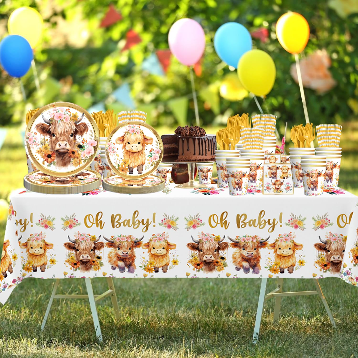 Yingoto 148pcs Brown Cow Baby Shower Decorations Tableware Set for 20 Guests, Cowboy Cowgirl Baby Shower includes Brown Cow glitter Banner Hanging Swirls Plates Napkins Cup Fork Straw and Tablecloth