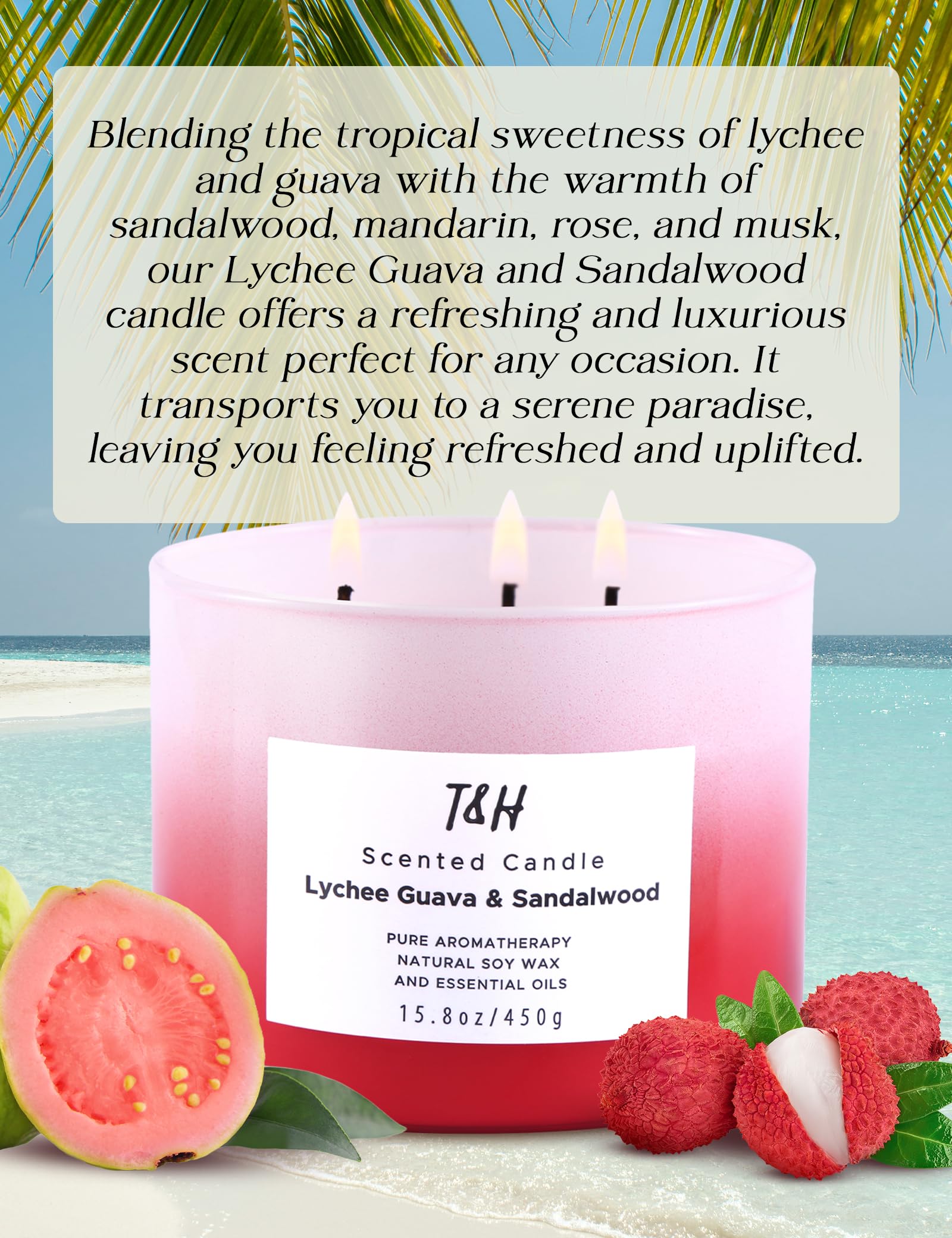 Lychee Guava Sandalwood Candle | Large 3-Wick Highly Scented Candle for Home | Natural Soy Candle 15.8 oz | Sweet & Refreshing Luxury Fragrance Candle | Relaxing Aromatherapy Candle for Women & Men