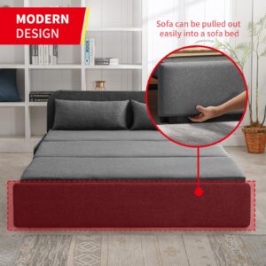 PUREMIND Queen Size Pull Out Sofa Bed, Linen Convertible Sleeper Sofa with Foldable Mattress, Loveseat Pullout Couch Bed with 2 Cushion for Small Place, Apartment, Office - Dark Gray