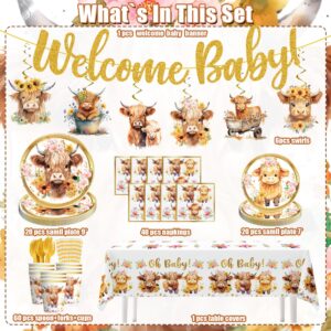 Yingoto 148pcs Brown Cow Baby Shower Decorations Tableware Set for 20 Guests, Cowboy Cowgirl Baby Shower includes Brown Cow glitter Banner Hanging Swirls Plates Napkins Cup Fork Straw and Tablecloth