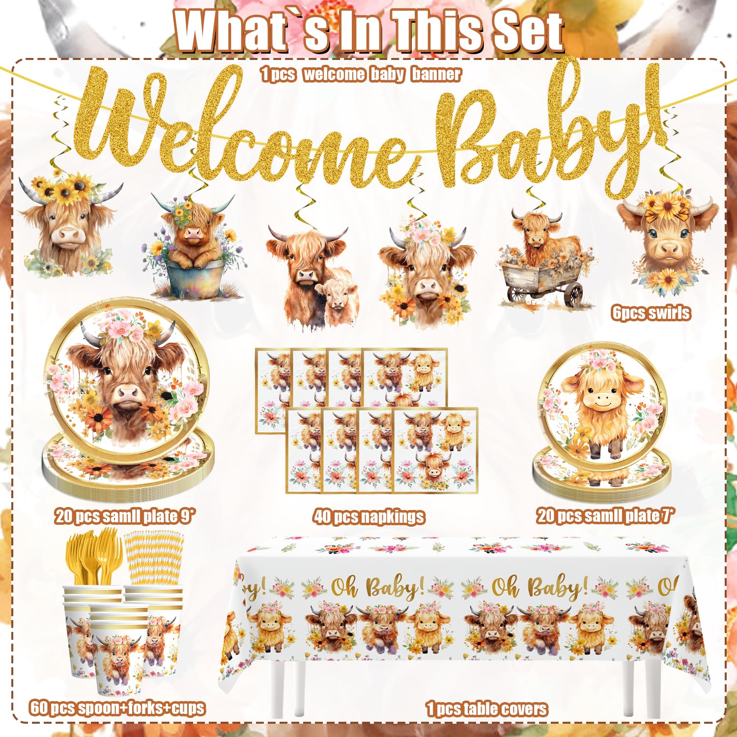 Yingoto 148pcs Brown Cow Baby Shower Decorations Tableware Set for 20 Guests, Cowboy Cowgirl Baby Shower includes Brown Cow glitter Banner Hanging Swirls Plates Napkins Cup Fork Straw and Tablecloth