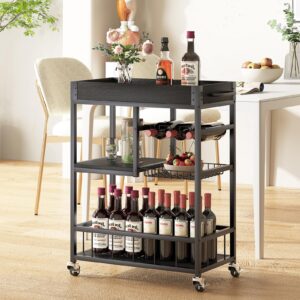 Azheruol Bar Cart with Basket 3 Tiers Home Rolling Wine Rack with Wheels Mobile Kitchen Industrial Vintage Style Wood Metal Serving Trolley Serving Cart,Black Frame Home Kitchen Shelf for Party