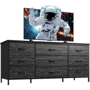 enhomee dresser tv stand with 9 drawers for 60'' tv stand for bedroom long dresser for bedroom wide dressers & chests of drawers, sturdy metal frame & wood top, living room, closet, charcoal black