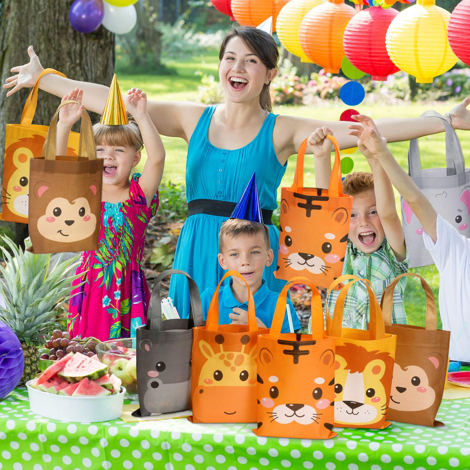 Photect 32 Pcs Safari Party Favor Bags Non Woven Jungle Animal Goodie Treat Bags with Handles Lion Tiger Elephant Monkey Giraffe Gift Bags for Kids Safari Themed Party Birthday Baby Shower Supplies