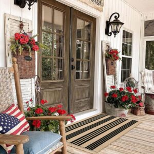 LEEVAN Outdoor Door Mat 2.3'x3.6', Washable Entryway Rug Reversible Indoor Outdoor Entrance Mat, Low Profile Black and Tan Striped Rug, Cotton Woven Porch Mat Non-Shedding Kitchen Foyer Rug