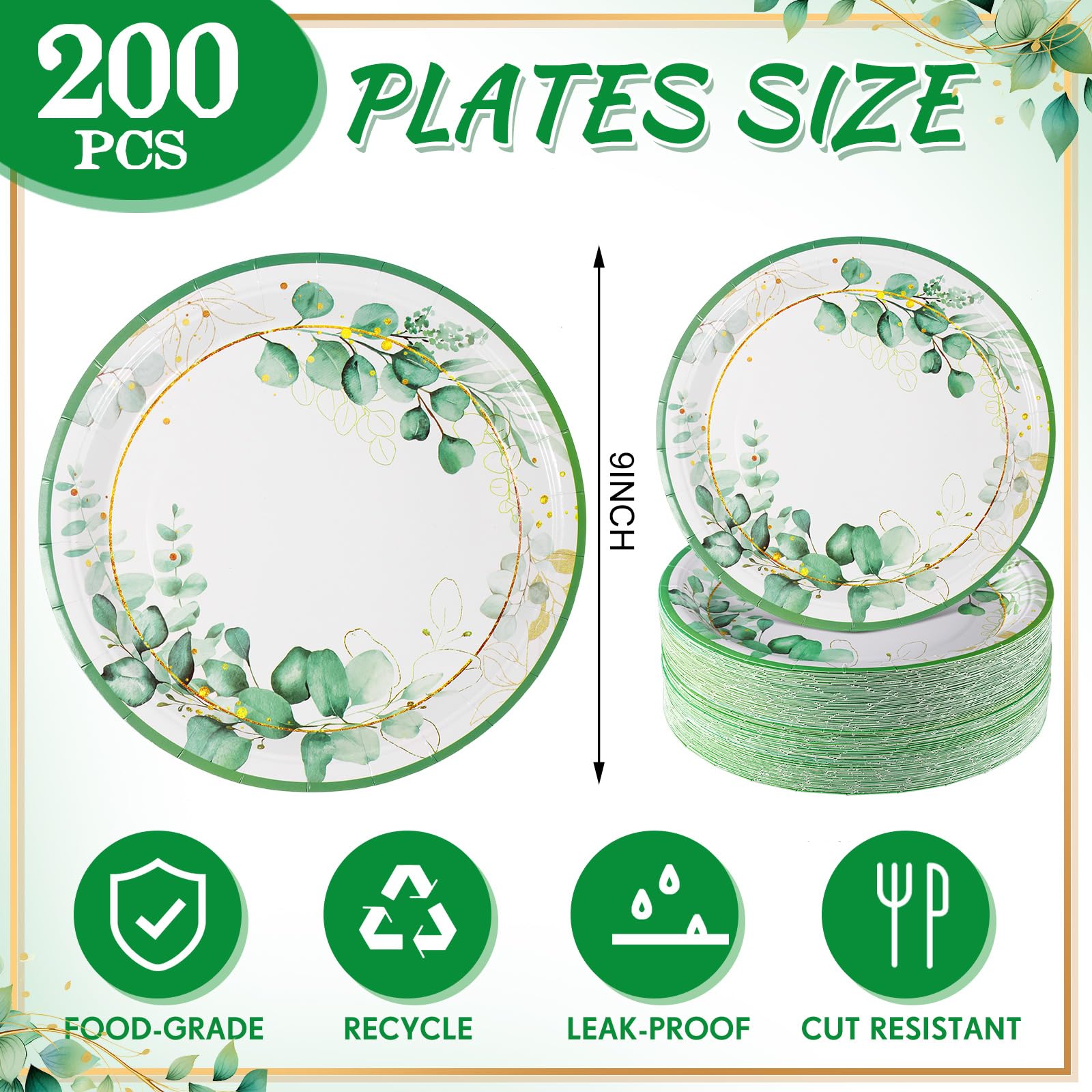 Hushee 200 Pieces 9 Inch Sage Green Paper Plates Eucalyptus Disposable Dinner Plates Greenery Leaves Paper Plates Decorative Tableware for Baby Shower Bridal Shower Wedding Birthday Party Supplies