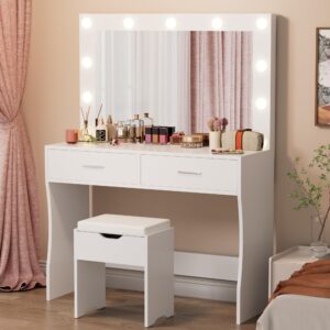 Furmax Vanity Desk Set with Large Lighted Mirror, 35.4 Inch Makeup Vanity Table with 2 Drawers, Cushioned Storage Stool, 3 Lighting Modes Brightness Adjustable, Dressing Table for Bedroom (White)