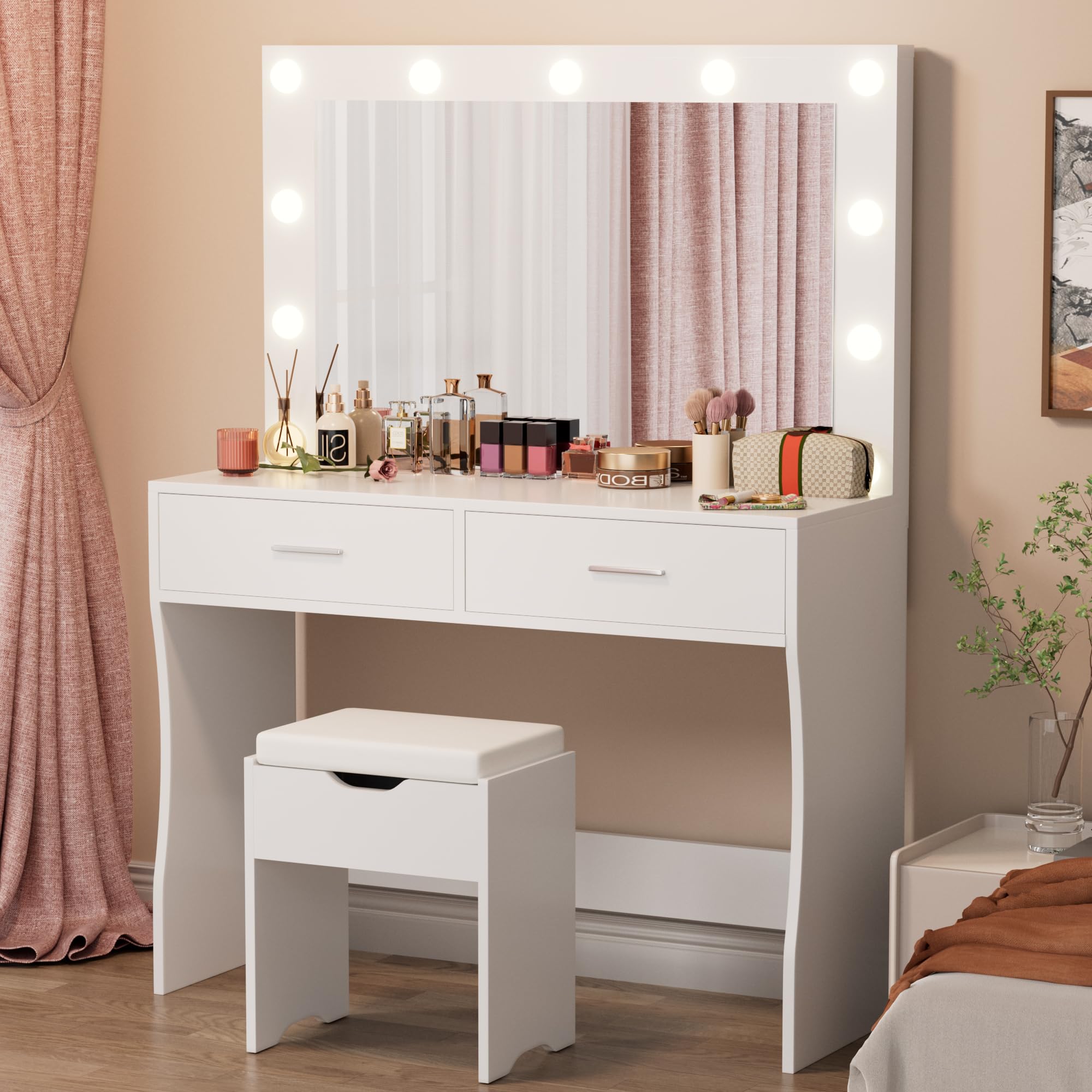 Furmax Vanity Desk Set with Large Lighted Mirror, 35.4 Inch Makeup Vanity Table with 2 Drawers, Cushioned Storage Stool, 3 Lighting Modes Brightness Adjustable, Dressing Table for Bedroom (White)