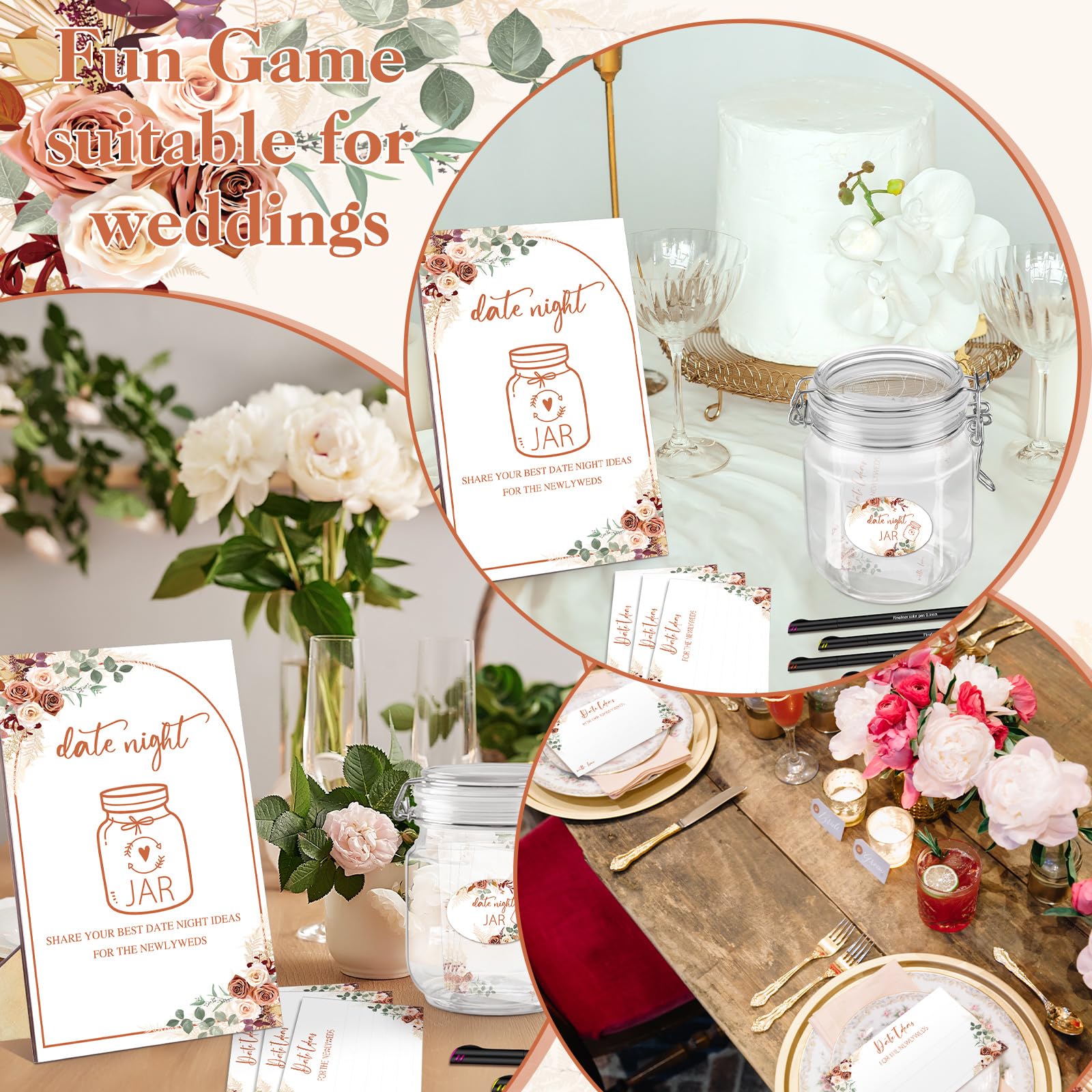 DoubleFill 76 Pcs Bridal Shower Decor Including Date Night Game for The Newlyweds Wedding Date Night Game Sign with Holder 60 Cards 12 Pens 2 Stickers Wedding Wish Jar for Guest Party (Boho Style)