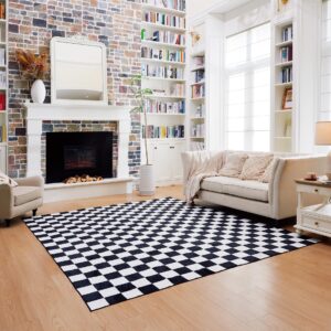 casanta living machine washable rug - checkered rug - soft rug for livingroom, bedroom, playroom, kitchen or nursery - black white - 8x10