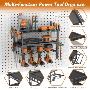 satiarep Power Tool Organizer Wall Mount,Power Drill Tool Holder,Tool Organizers and Storage for Workshop,Garage,Heavy Duty Metal Power Tool Storage Rack,4 Drill Holders,3 layers,Black