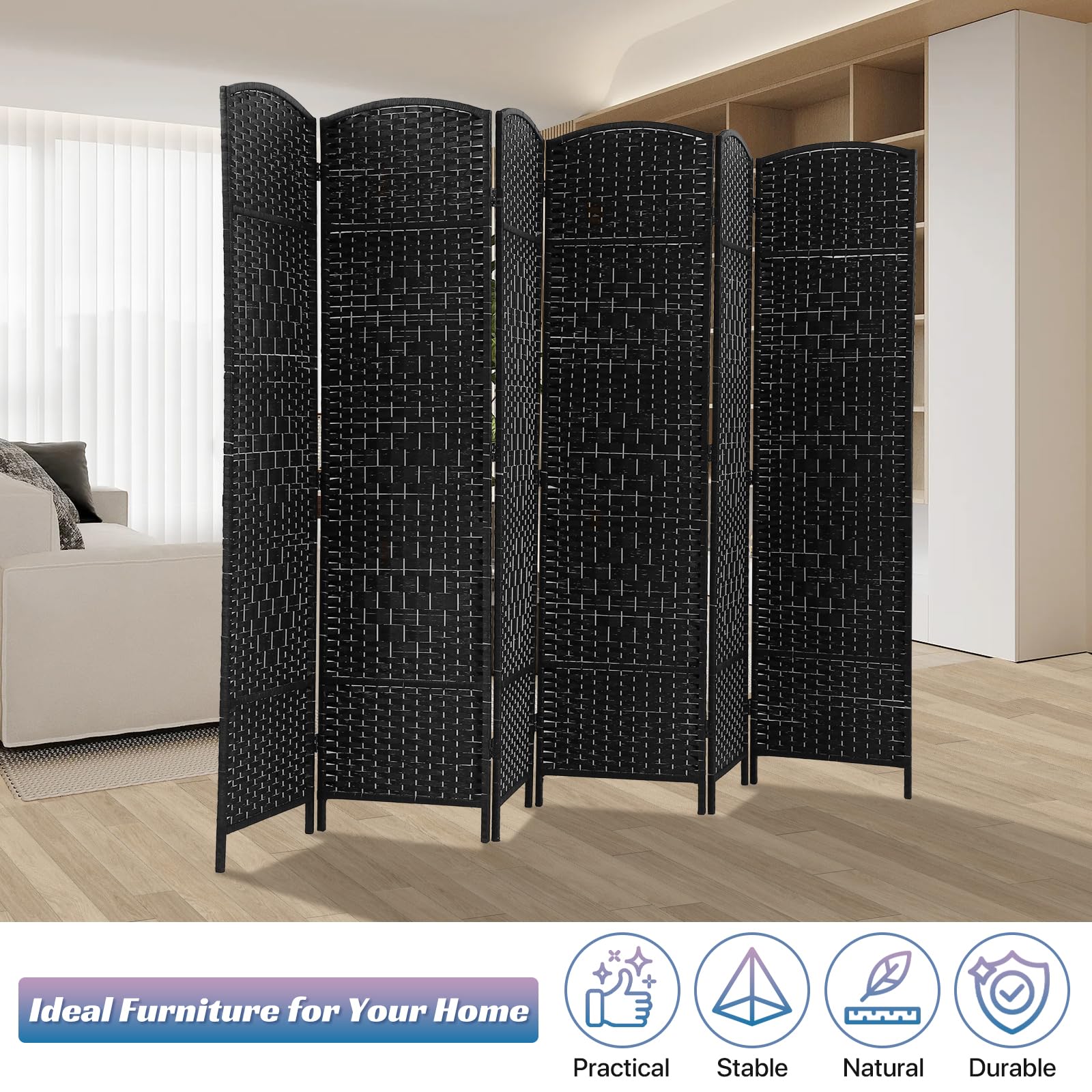 6 Panel Room Divider Folding Privacy Screens 6 FT Tall Wall Divider Indoor Portable Partition Wood Room Screen, Black