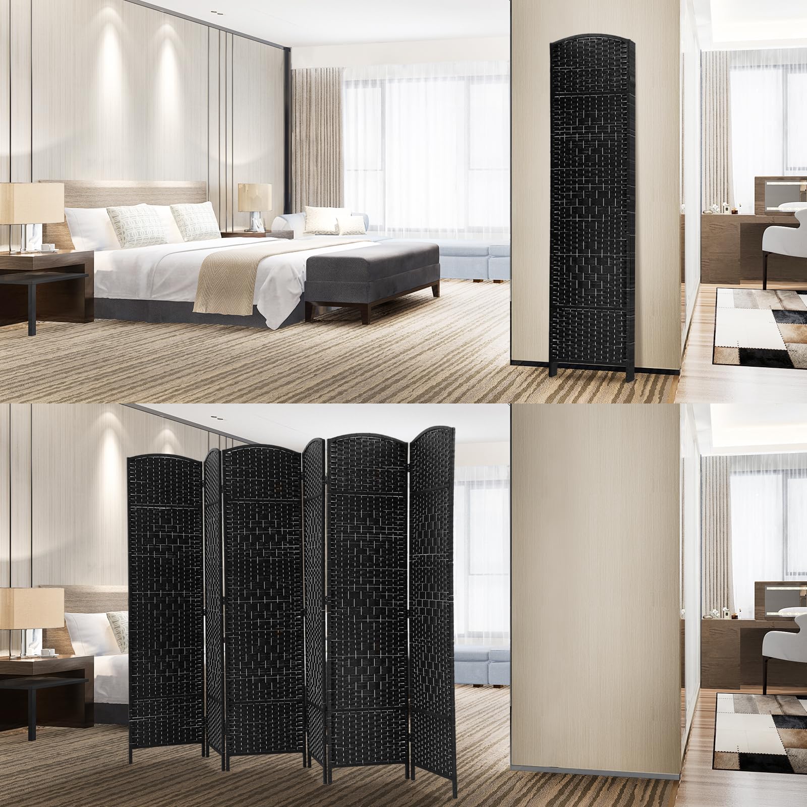 6 Panel Room Divider Folding Privacy Screens 6 FT Tall Wall Divider Indoor Portable Partition Wood Room Screen, Black