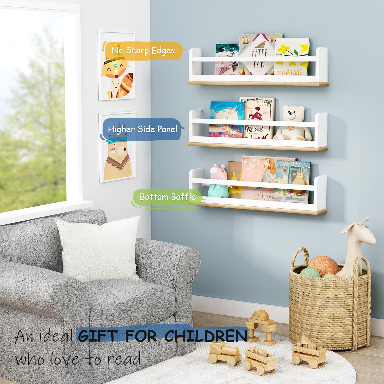 Harwaya 24 Inch Long Wall Bookshelf for Kids Room Bedroom Set of 3, Floating Nursery Book Shelves for Baby Boys Girls, Large Wood Hanging Bookshelves for Toddlers Childs (White and Natural)