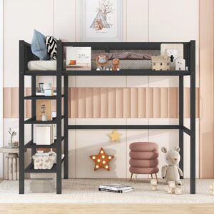 bellemave twin size metal loft bed with 4-tier shelves and storage, loft bed with bookshelf (black)