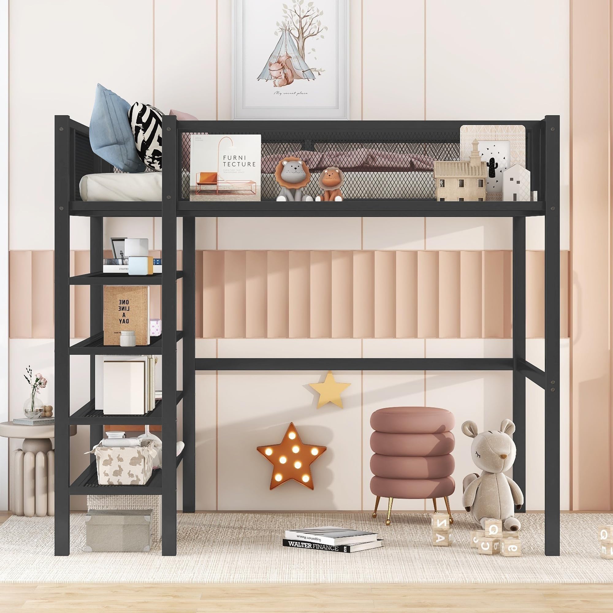 Bellemave Twin Size Metal Loft Bed with 4-Tier Shelves and Storage, Loft Bed with Bookshelf (Black)