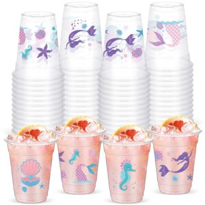 yaomiao 50 pieces mermaid party cups bulk 12 oz disposable plastic under the sea drinking cups mermaid tail shell starfish beverage cups for ocean mermaid birthday baby shower party supplies (cute)