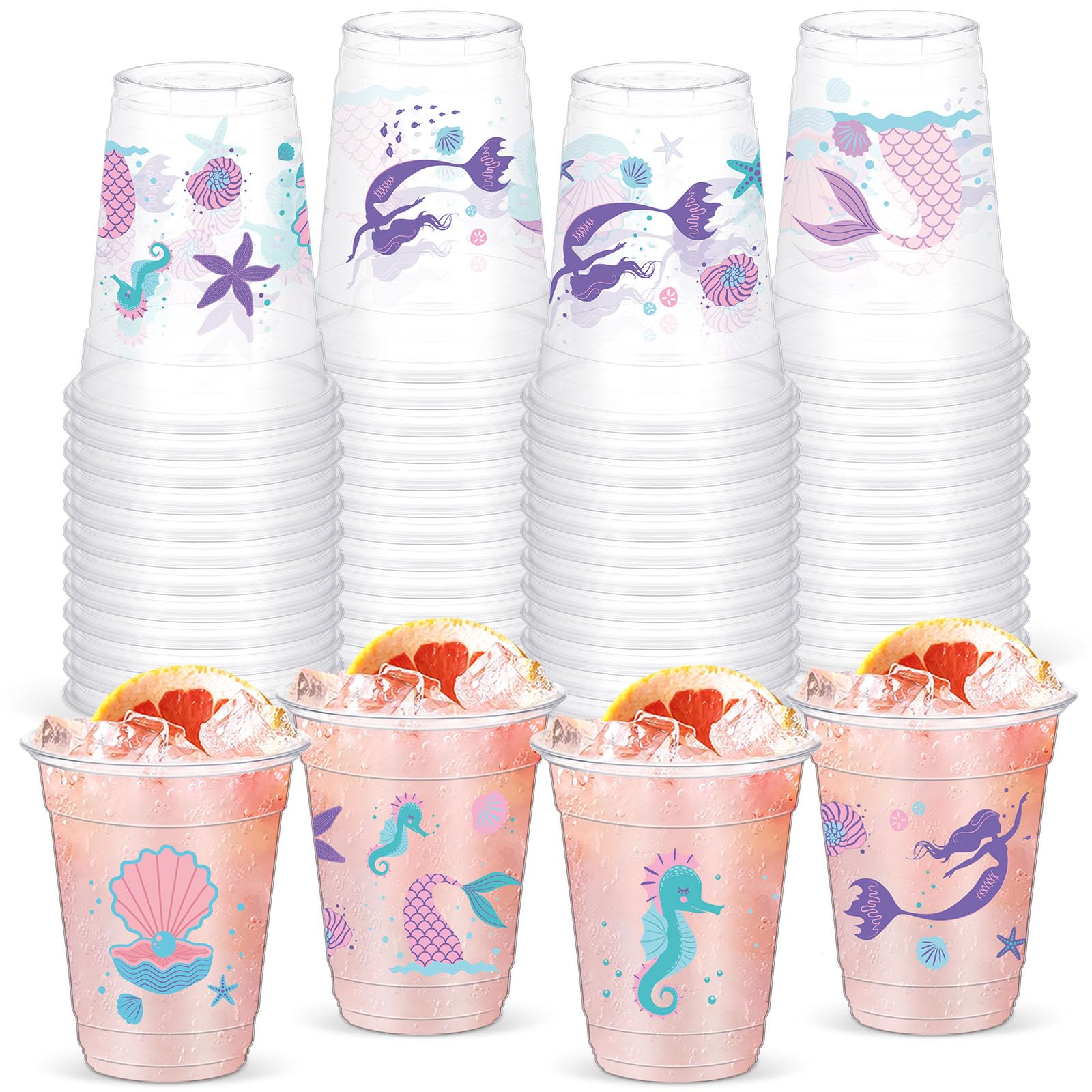 Yaomiao 50 Pieces Mermaid Party Cups Bulk 12 Oz Disposable Plastic Under the Sea Drinking Cups Mermaid Tail Shell Starfish Beverage Cups for Ocean Mermaid Birthday Baby Shower Party Supplies (Cute)