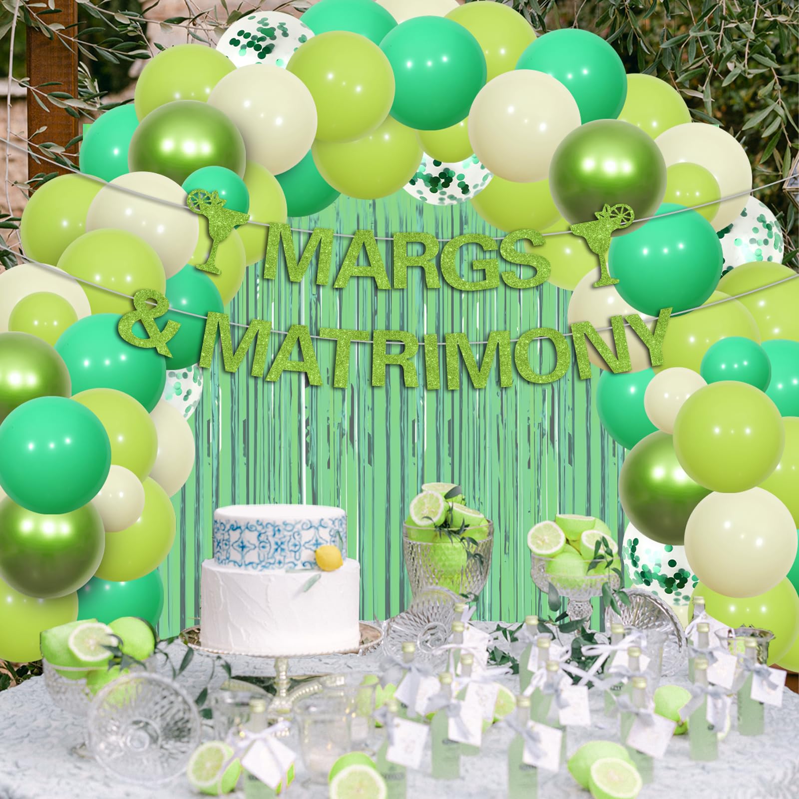 Balterever Margs and Matrimony Bachelorette Decorations Green with Margs and Matrimony Banner Green Rain Curtain the Bride Sash Margarita Bachelorette Party Decorations for Wedding Bridal Shower Party