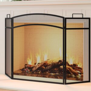 Calidola 3 Panel Fireplace Screen 48" W x 29" H Modern Foldable with Wrought Metal Decorative Mesh,Arch Heavy Duty Fire Spark Guard Cover for Home Decor Indoor, Black