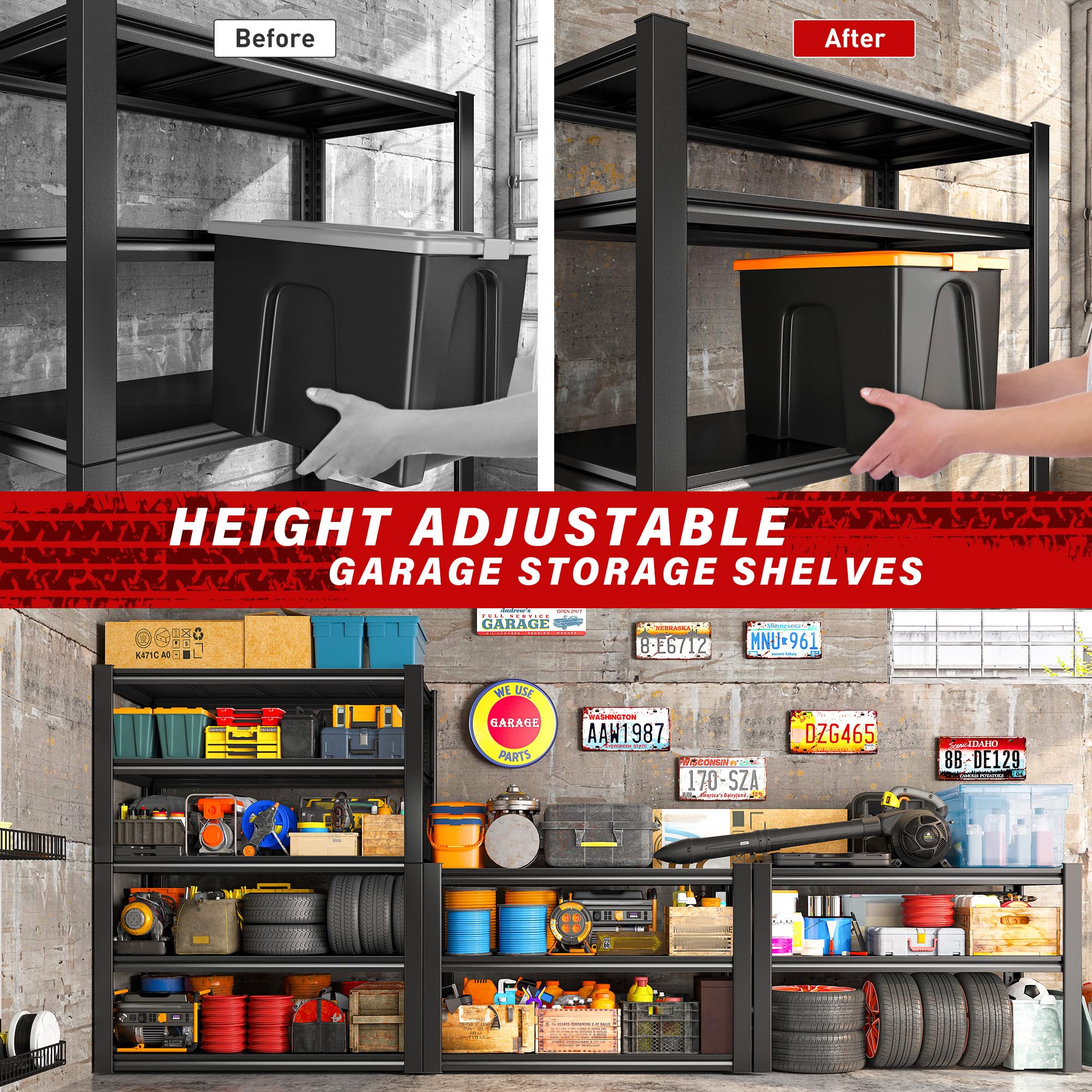 REIBII Garage Shelving Heavy Duty Storage Shelves Load 2500Lbs Adjustable Garage Shelves Heavy Duty Shelving 5-Tier Metal Shelving Unit Garage Storage Shelves Utility Racks, 40" W x18 D x72 H, 3 Pack