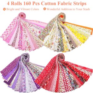 SmoothNovelty 160 Pcs 4 Roll Fabric Strips Assorted Quilting Fabric for Quilting Crafting and Sewing Rolled Cotton for Crafts Blanket Rug Upholstery and Purse Making (Cute Printing Style)