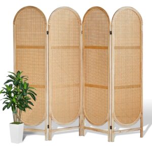 asnefeli 4 panels room dividers, foldable wooden room dividers, individual privacy screens made of hand-woven rattan, portable wall dividers for home office bedroom bathroom dressing room (natural)