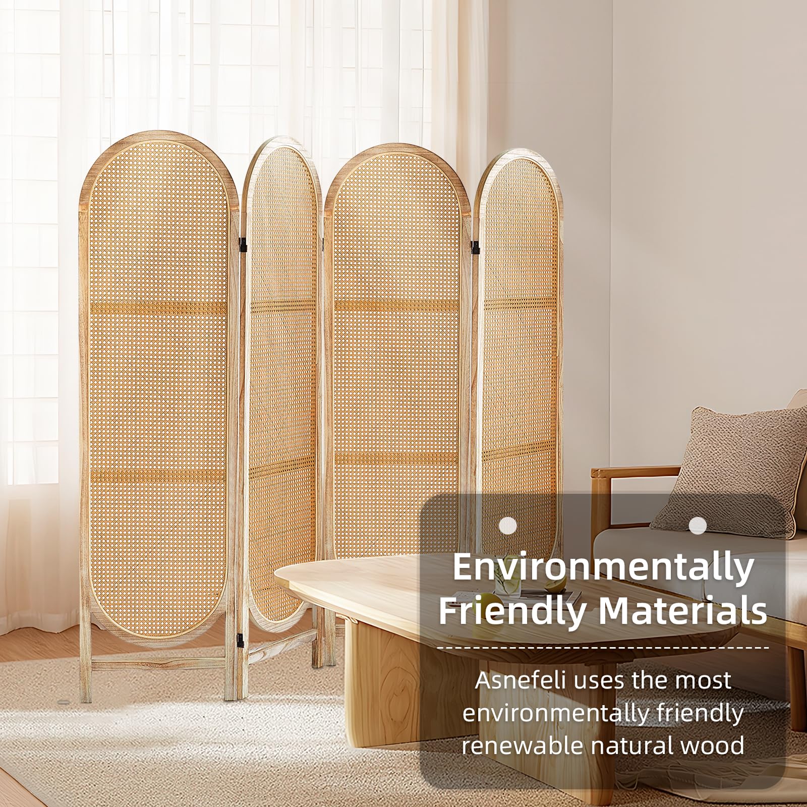 Asnefeli 4 Panels Room Dividers, Foldable Wooden Room Dividers, Individual Privacy Screens Made of Hand-Woven Rattan, Portable Wall Dividers for Home Office Bedroom Bathroom Dressing Room (Natural)