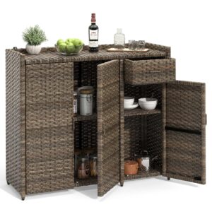 yitahome outdoor storage cabinet, weather-proof rattan bar table with two doors, adjustable shelves & foldable drawer, wicker patio storage box for outdoor cushions, pool toys and garden tools - brown