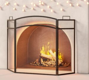 calidola 3 panel fireplace screen 48" w x 29" h modern foldable with wrought metal decorative mesh,arch heavy duty fire spark guard cover for home decor indoor, black