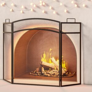 Calidola 3 Panel Fireplace Screen 48" W x 29" H Modern Foldable with Wrought Metal Decorative Mesh,Arch Heavy Duty Fire Spark Guard Cover for Home Decor Indoor, Black