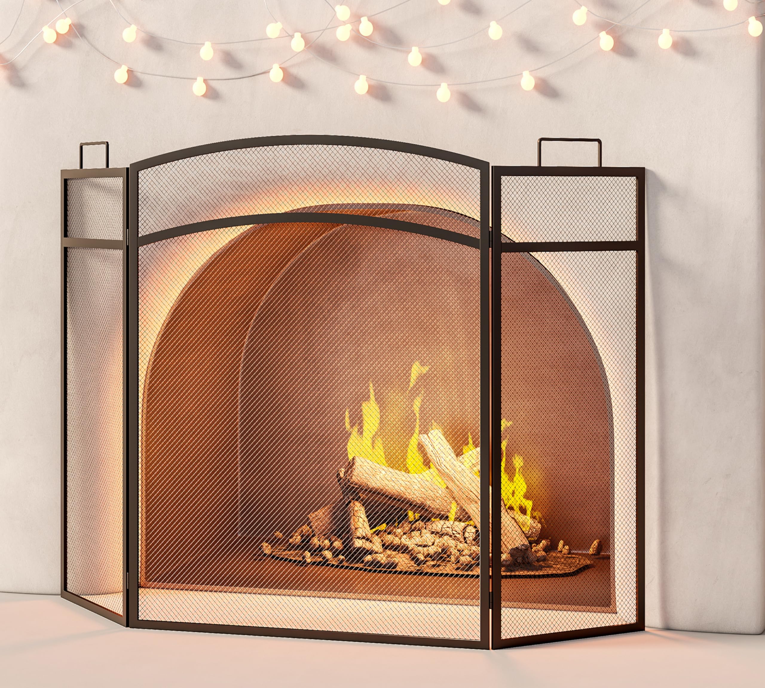 Calidola 3 Panel Fireplace Screen 48" W x 29" H Modern Foldable with Wrought Metal Decorative Mesh,Arch Heavy Duty Fire Spark Guard Cover for Home Decor Indoor, Black